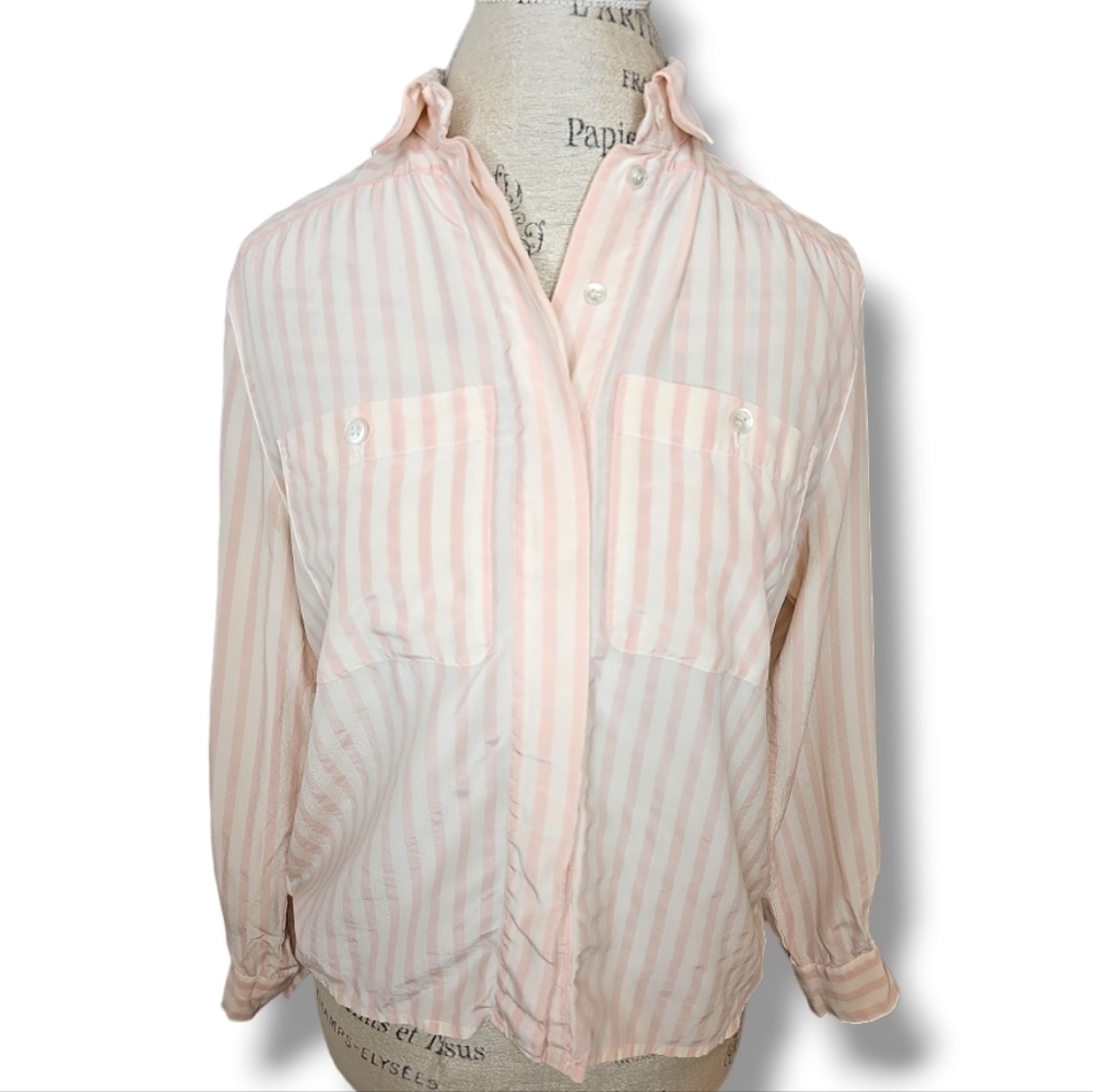 Liz Claiborne Pink & White Candy Stripe Silk Button-Down Blouse Top - Size 8P
